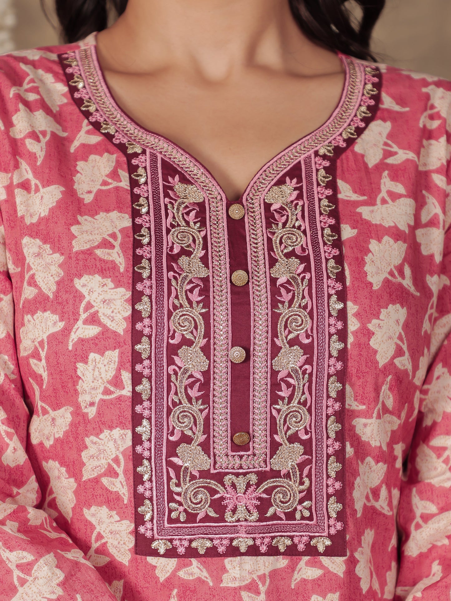 Soft Cotton Floral Straight Pink Kurta