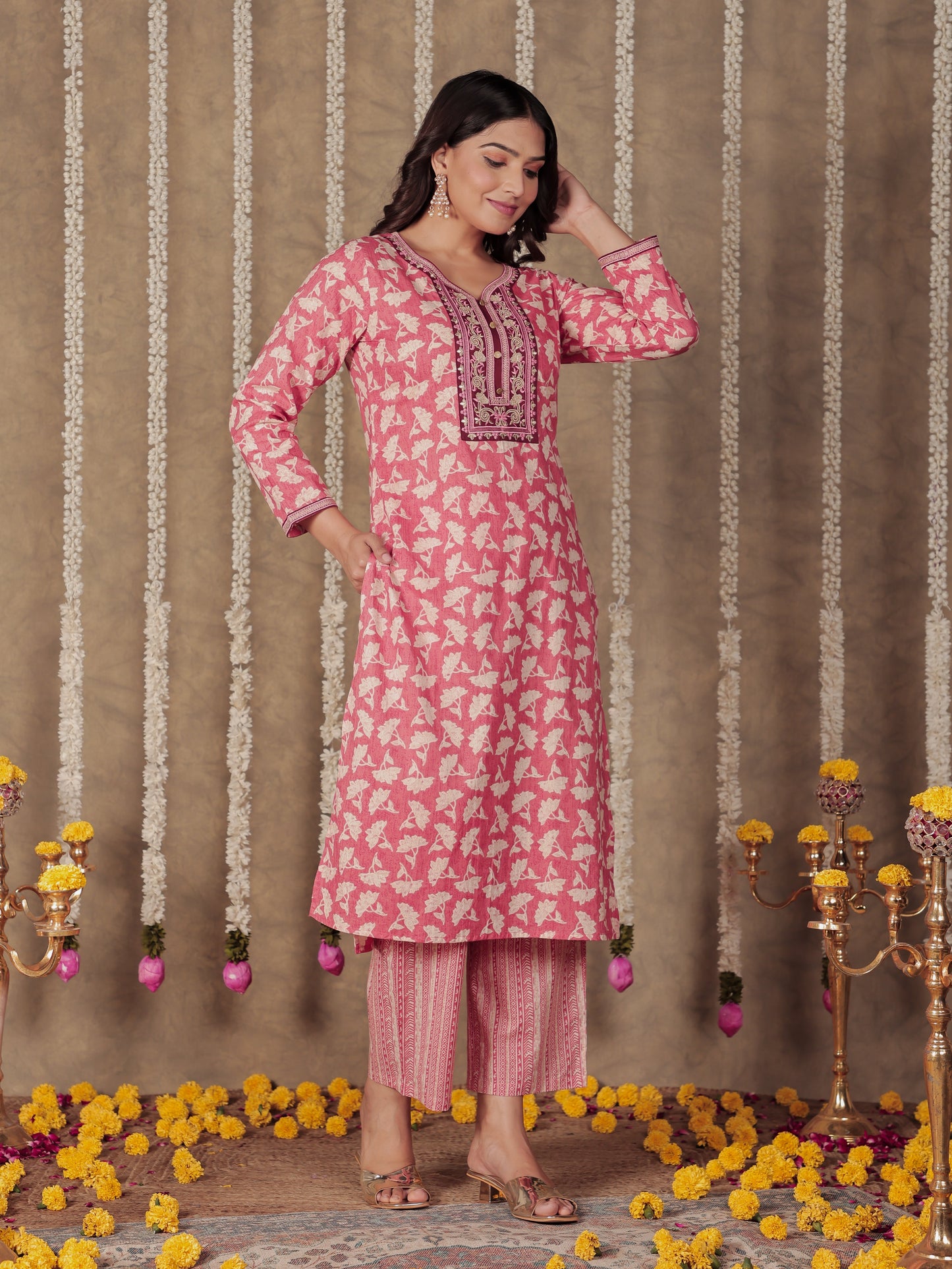 Soft Cotton Floral Straight Pink Kurta