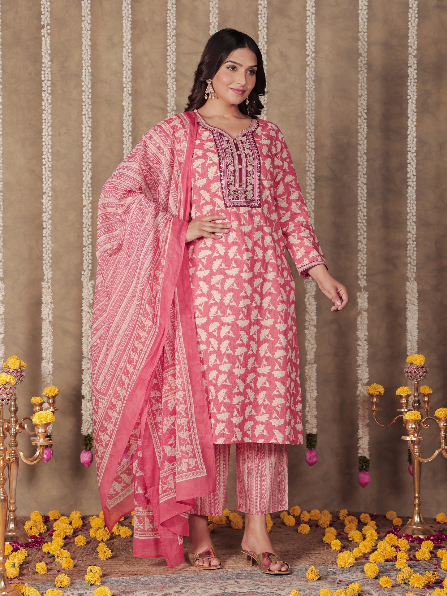 Soft Cotton Floral Straight Pink Kurta