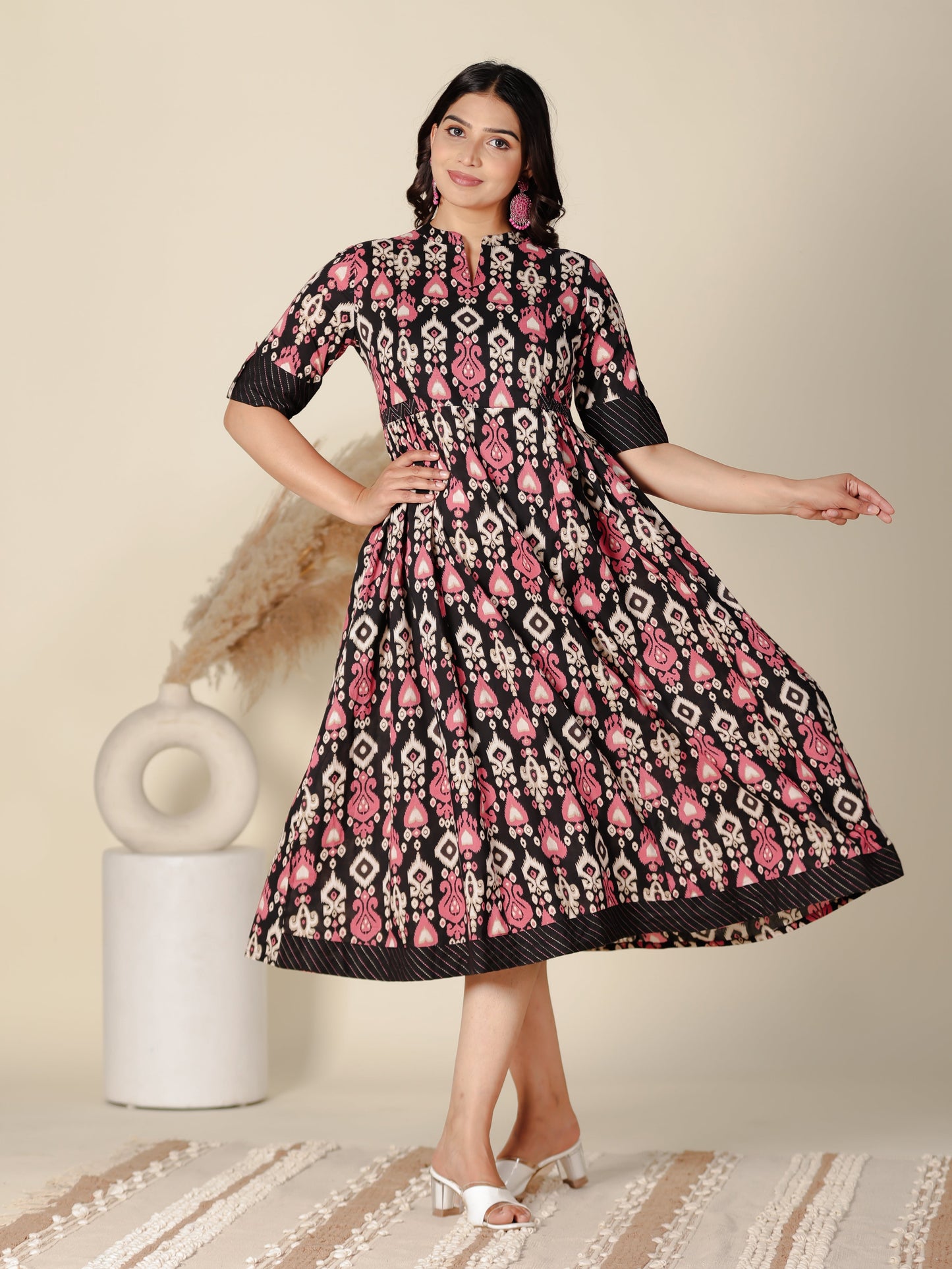 Soft Cotton Ikat Panelled Black Dress