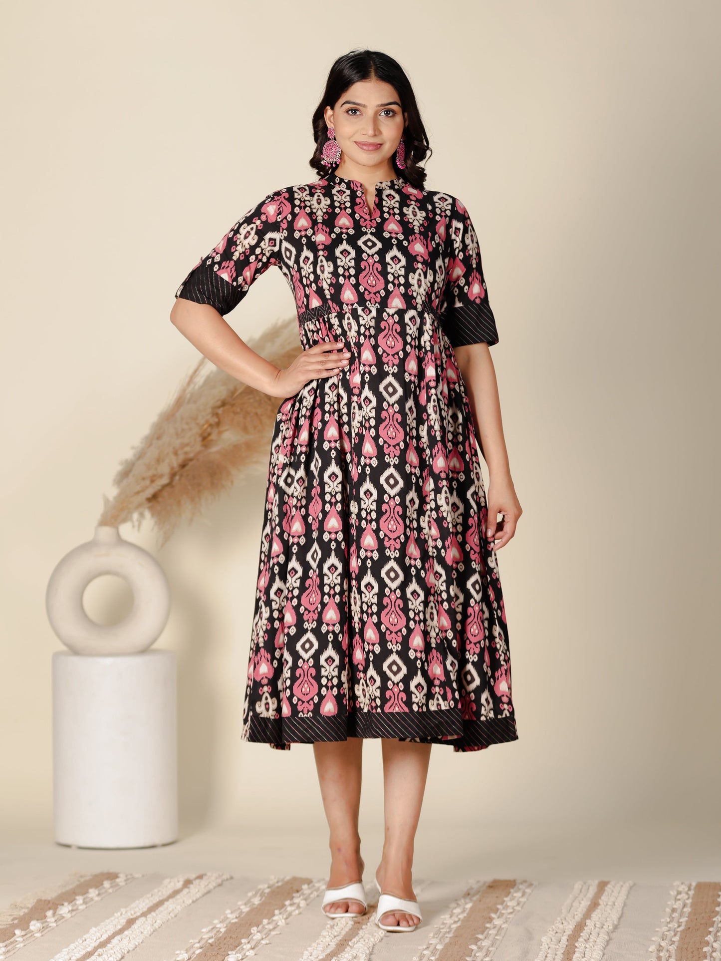 Soft Cotton Ikat Panelled Black Dress