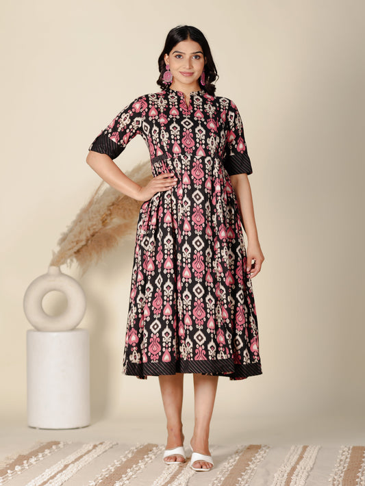 Soft Cotton Ikat Panelled Black Dress