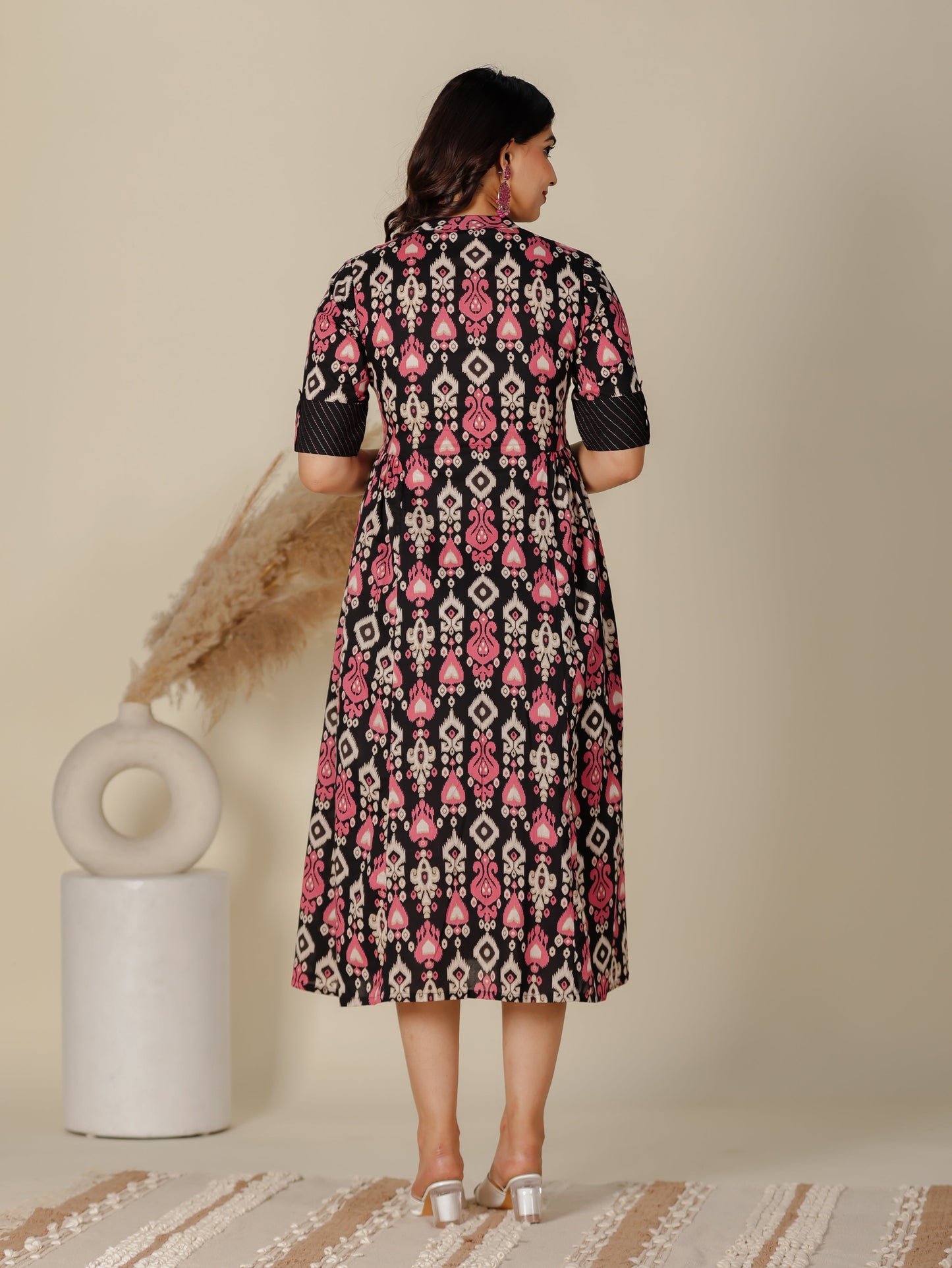 Soft Cotton Ikat Panelled Black Dress