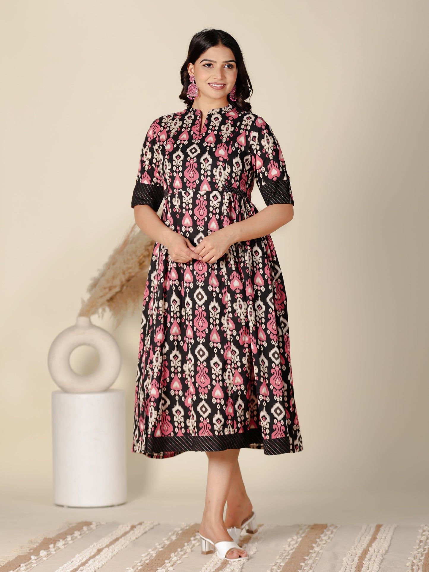 Soft Cotton Ikat Panelled Black Dress