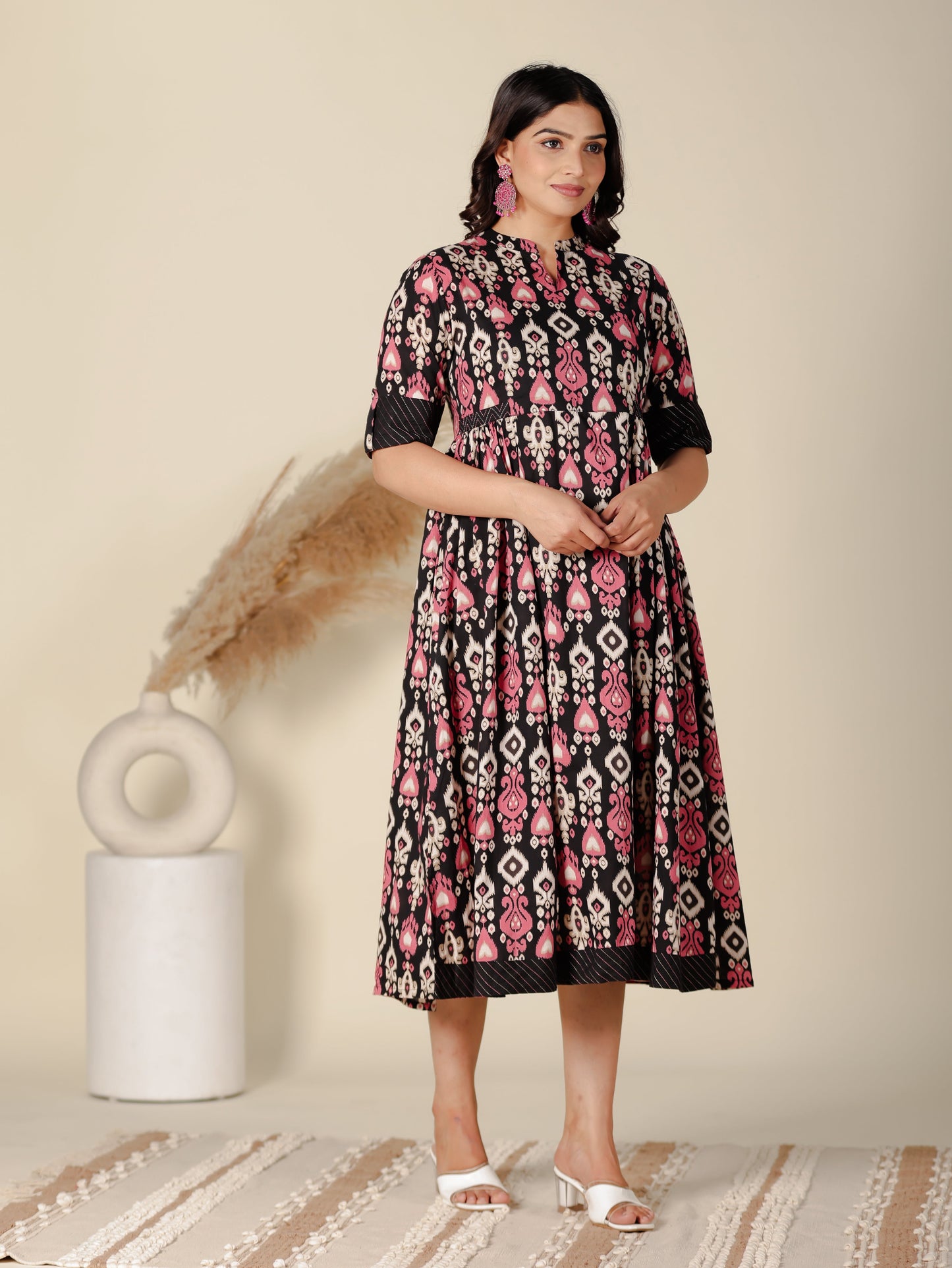Soft Cotton Ikat Panelled Black Dress
