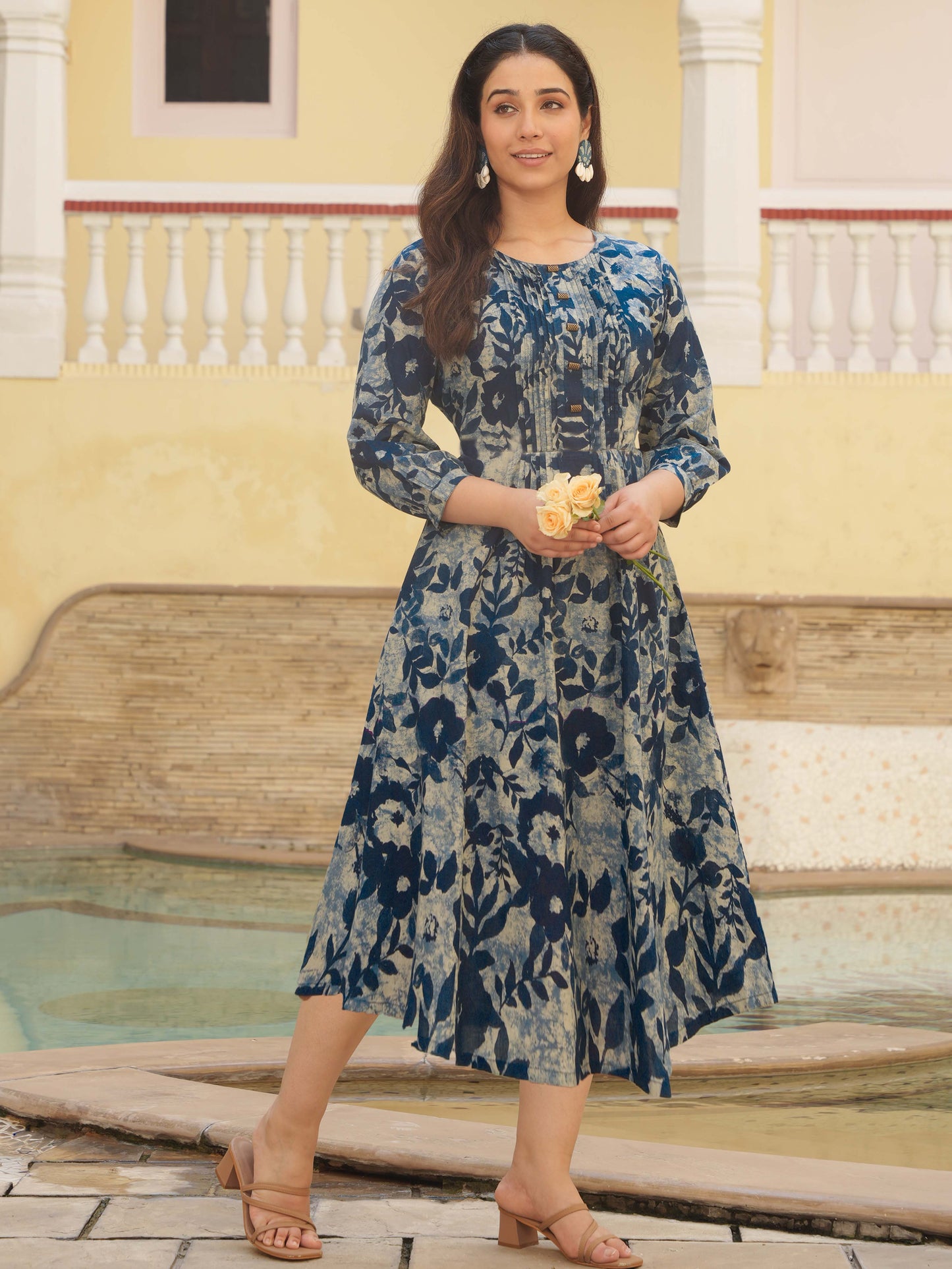 Soft Cotton Floral Flared Blue Dress