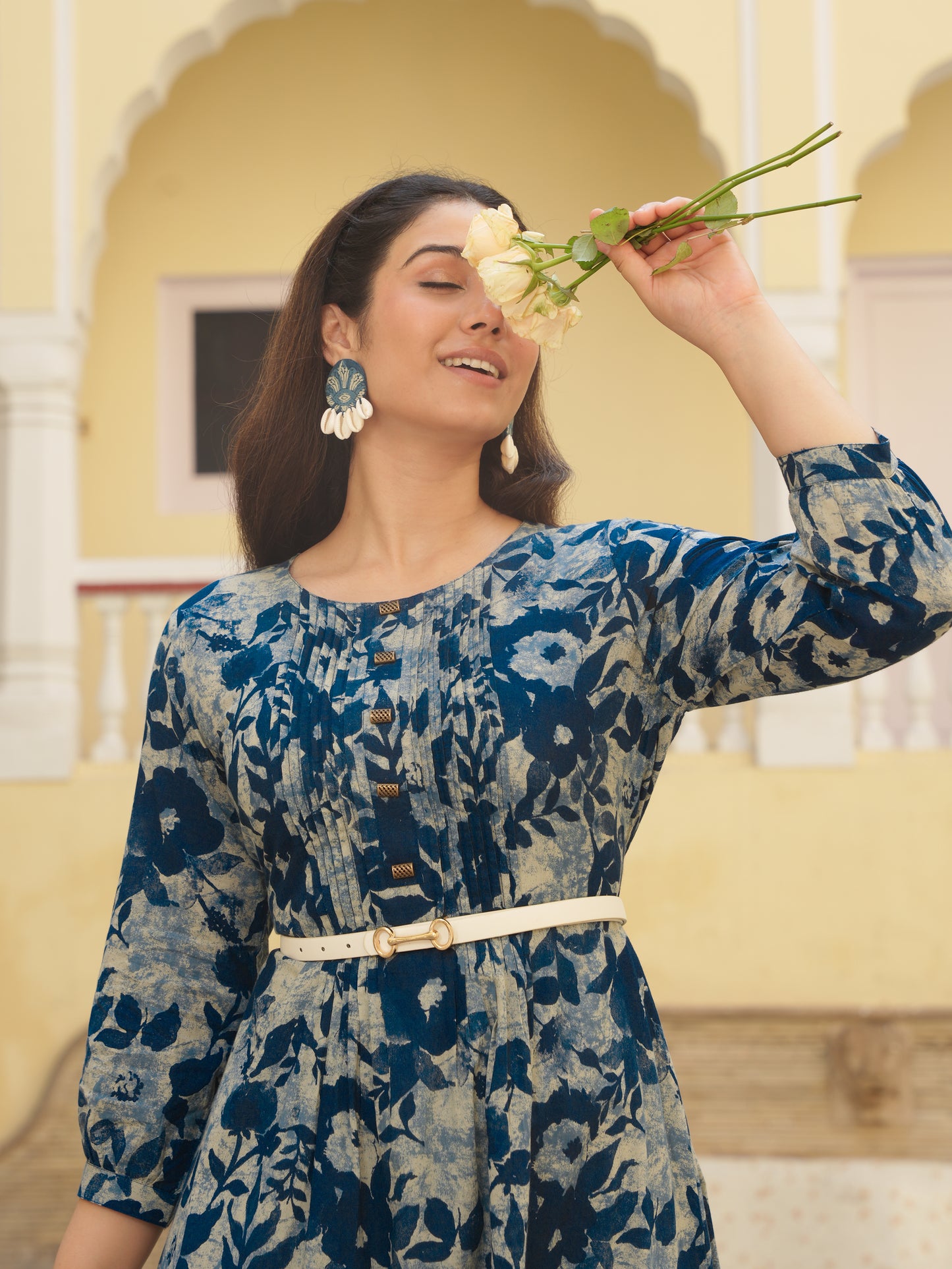 Soft Cotton Floral Flared Blue Dress