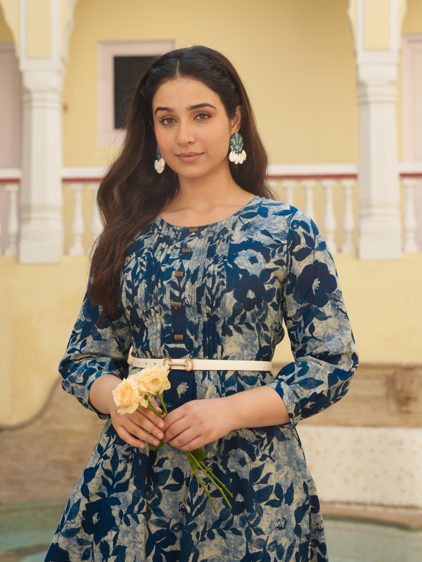 Soft Cotton Floral Flared Blue Dress