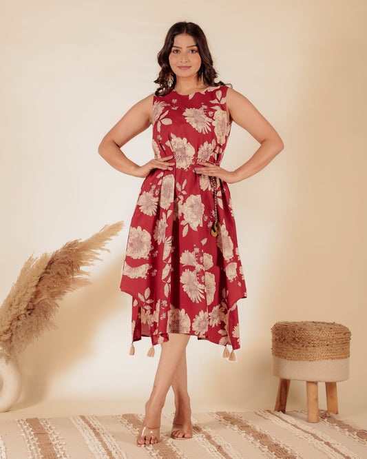 Soft Cotton Floral A-line Maroon Dress