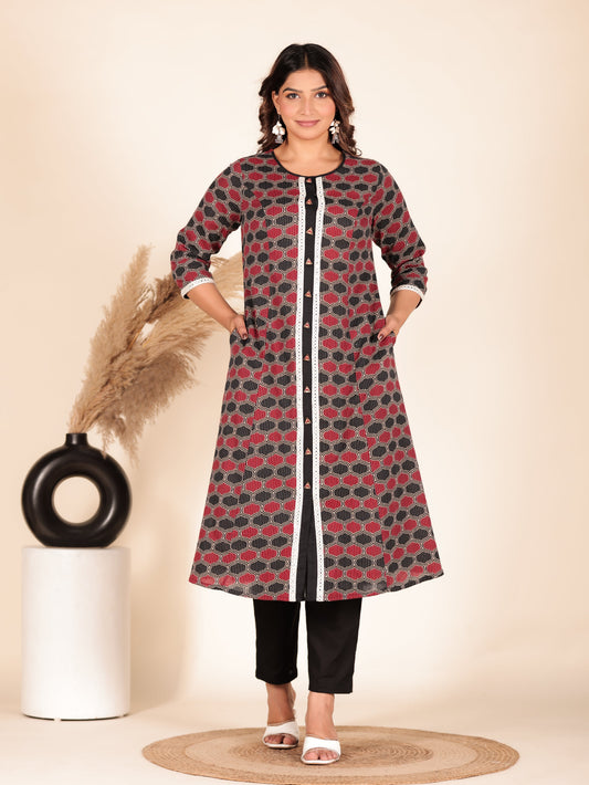Kantha Cotton Geometric A-line Blue Kurta