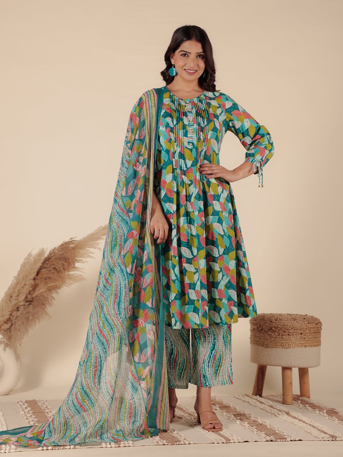 Soft Cotton Abstract A-line Green Kurta