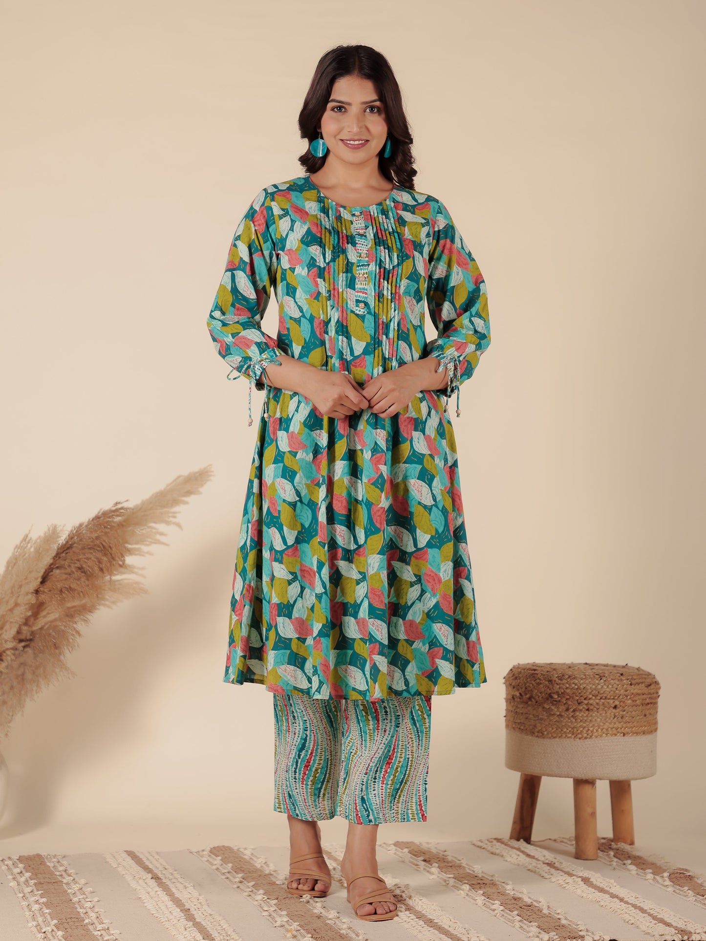 Soft Cotton Abstract A-line Green Kurta