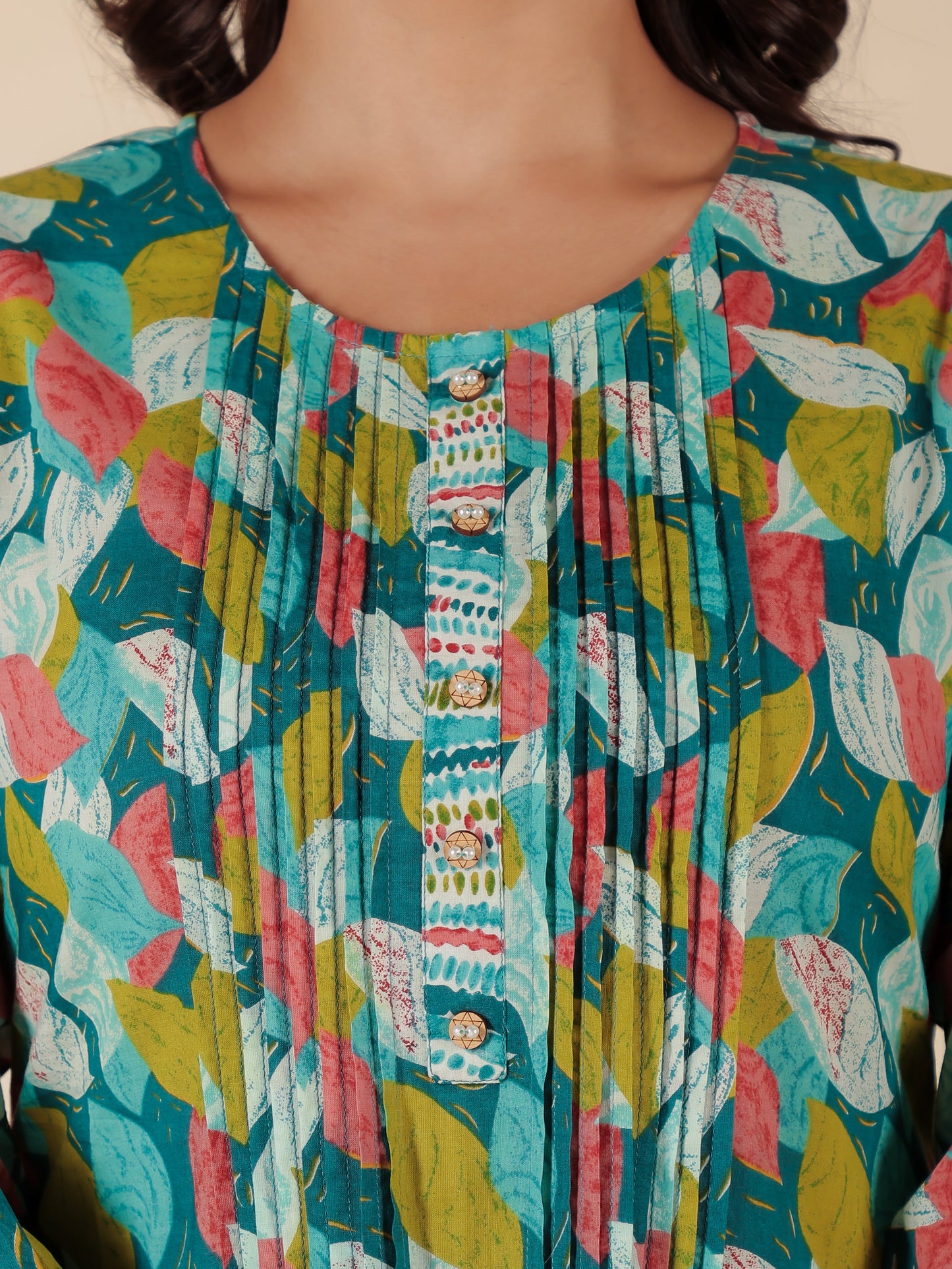 Soft Cotton Abstract A-line Green Kurta