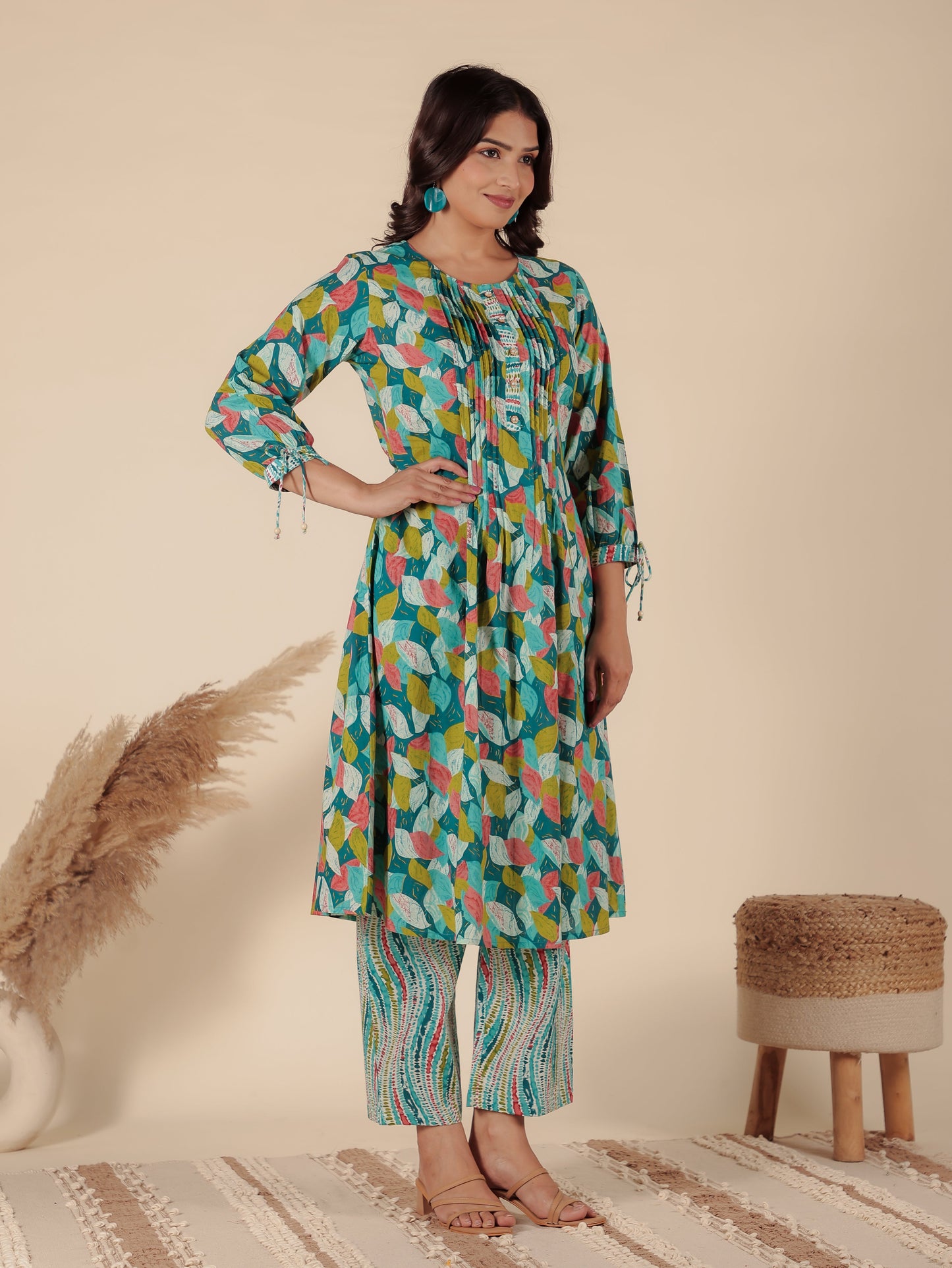 Soft Cotton Abstract A-line Green Kurta