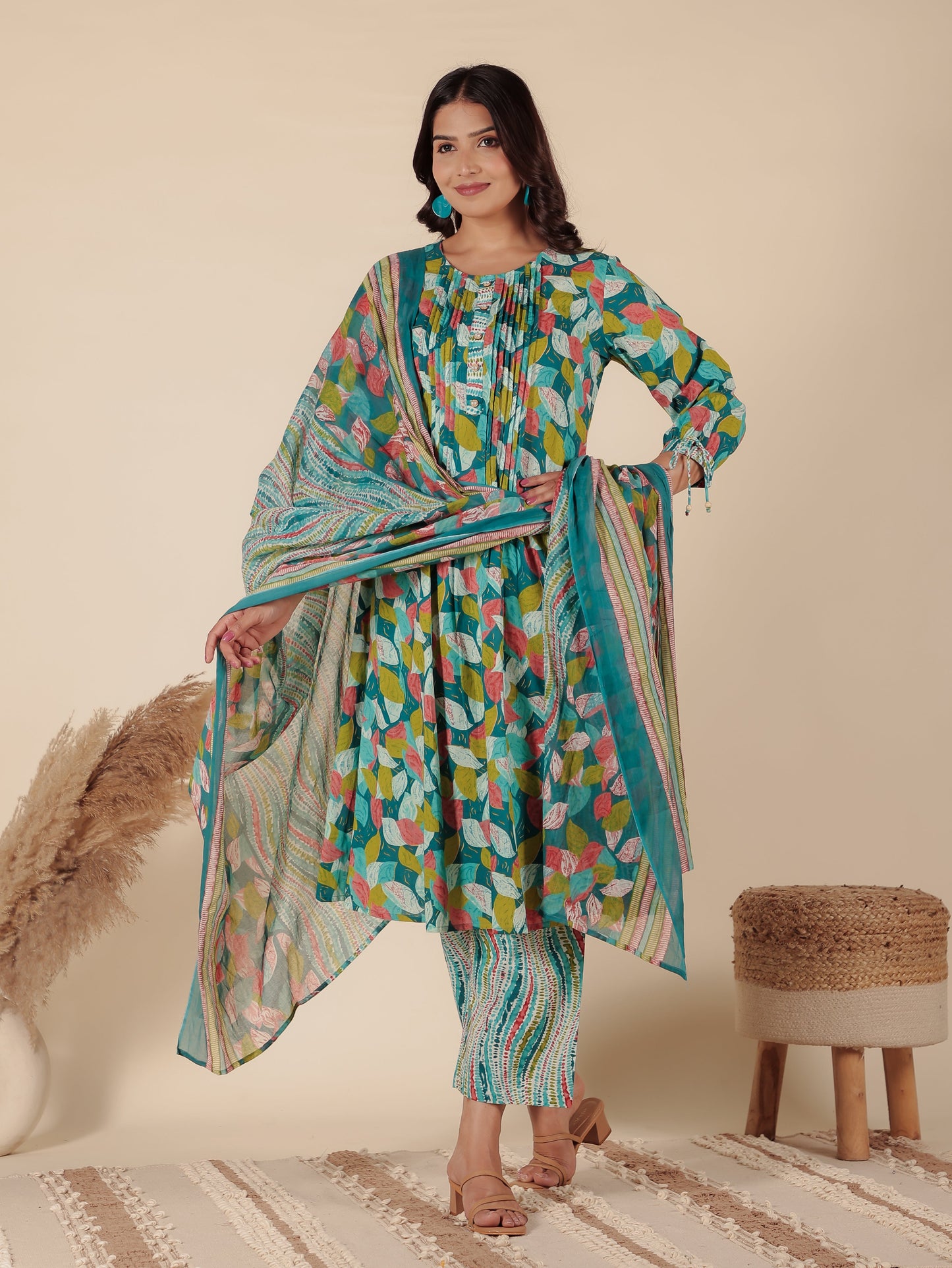 Soft Cotton Abstract A-line Green Kurta