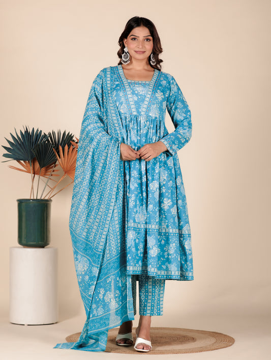 Soft Cotton Floral Anarkali Green Kurta