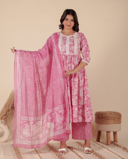 Soft Cotton Floral Anarkali Pink Kurta