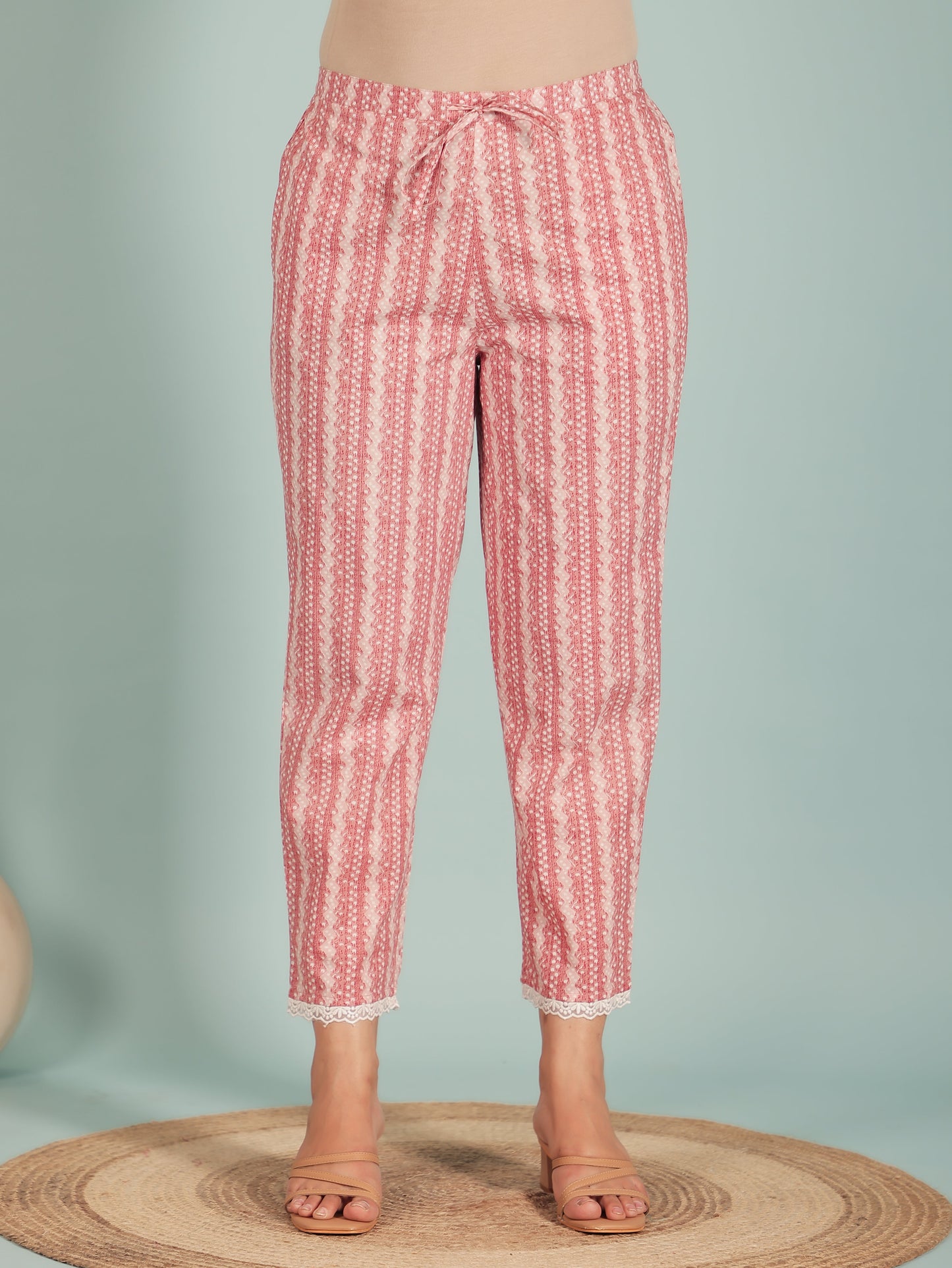 Soft Cotton Striped Pink Tapered Trousers