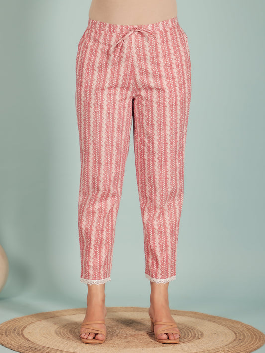 Soft Cotton Striped Pink Tapered Trousers