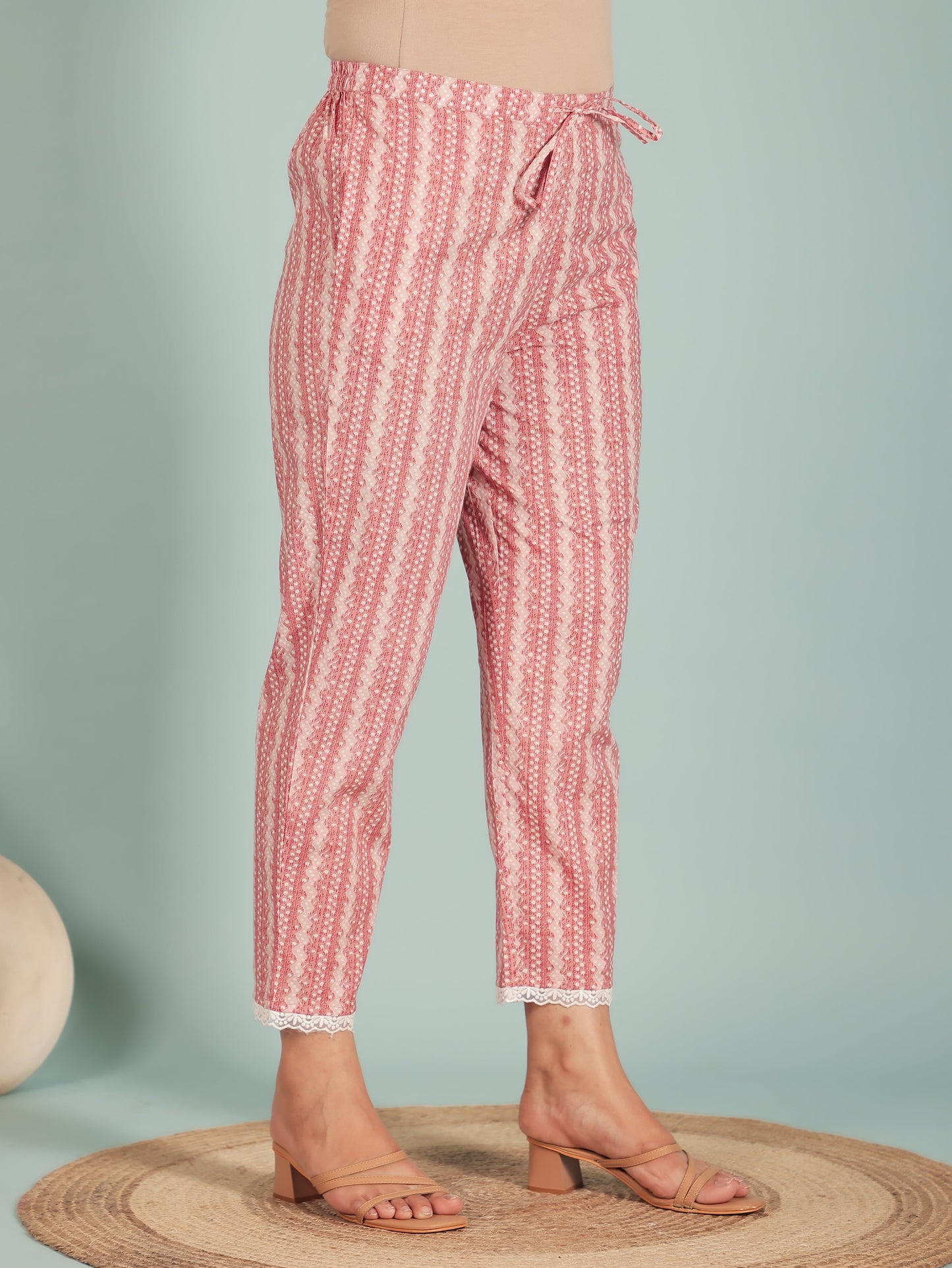 Soft Cotton Striped Pink Tapered Trousers