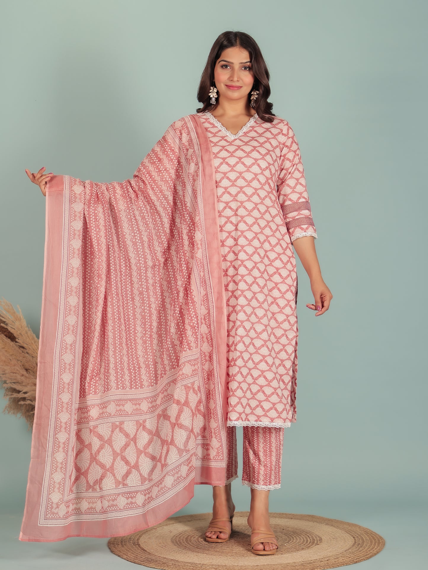 Soft Cotton Geometric Straight Pink Kurta