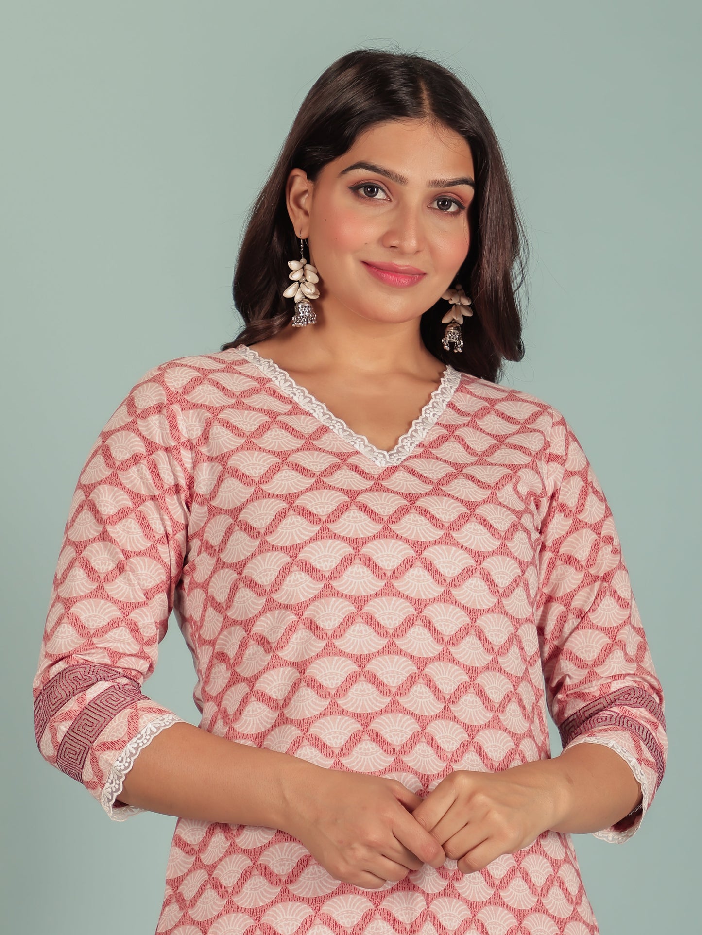 Soft Cotton Geometric Straight Pink Kurta