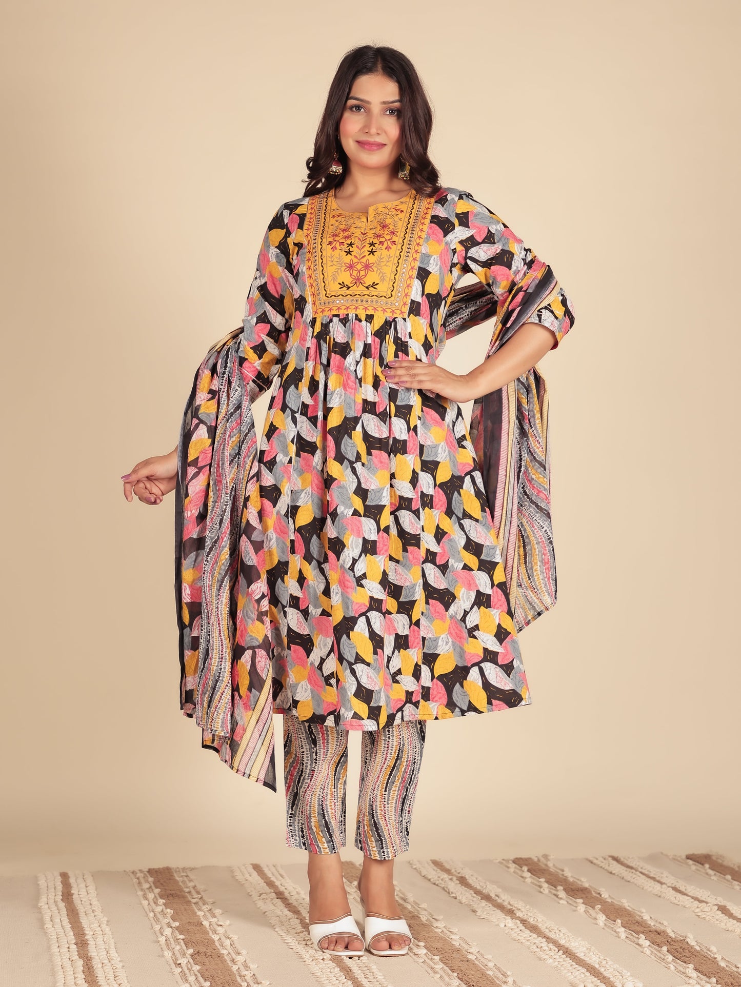 Embroidered Soft Cotton Floral Panelled Black Kurta