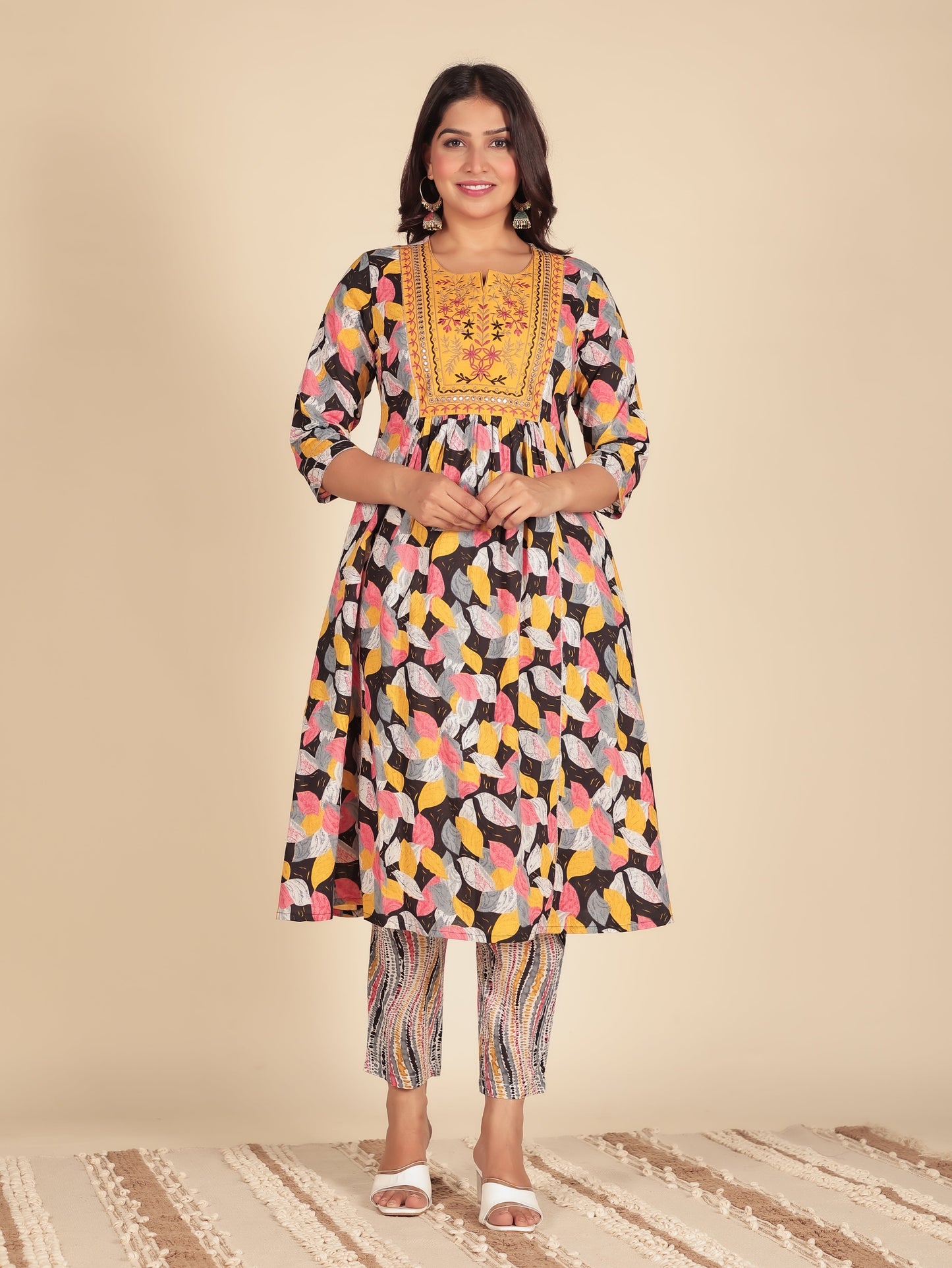 Embroidered Soft Cotton Floral Panelled Black Kurta
