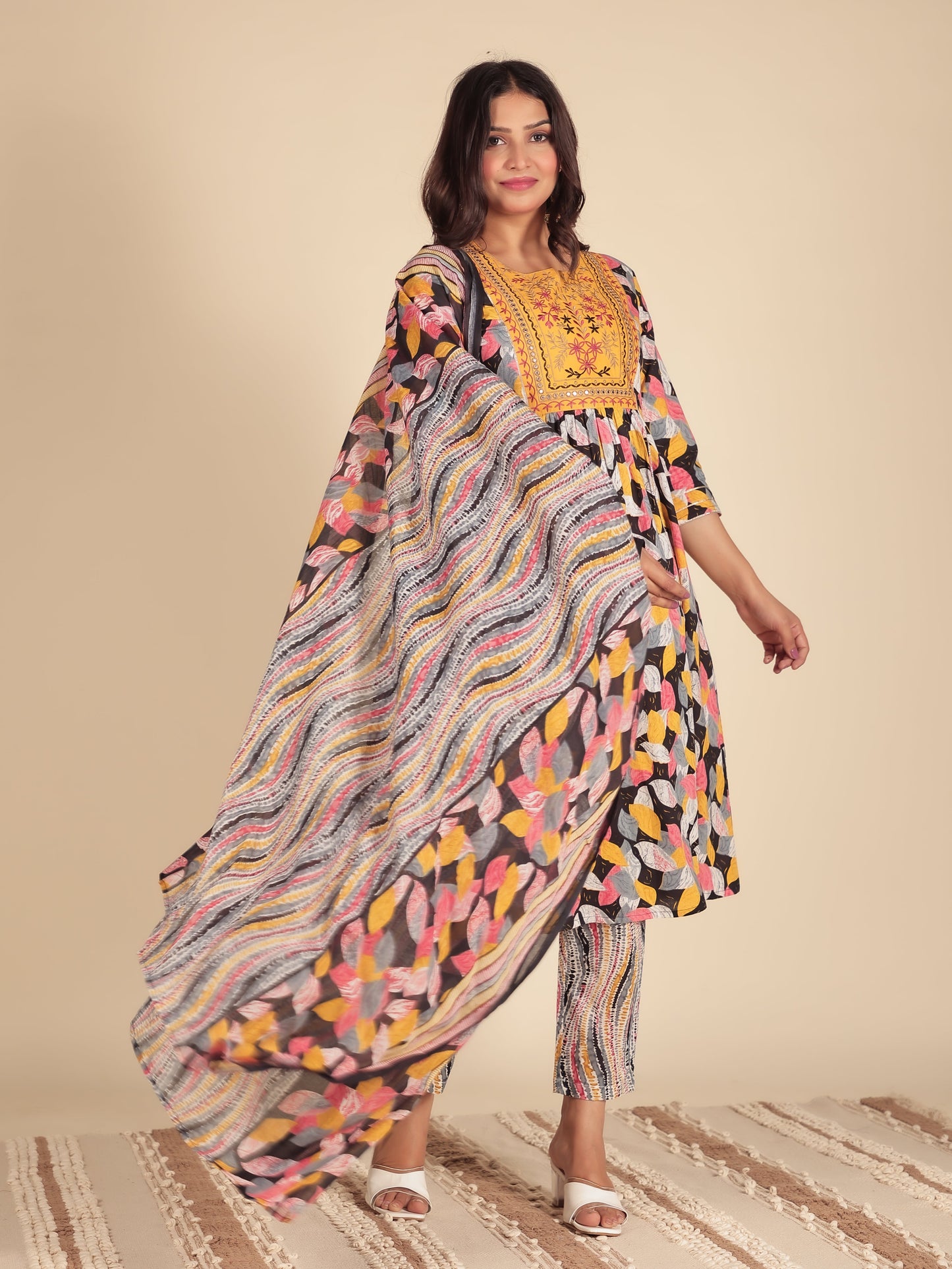 Embroidered Soft Cotton Floral Panelled Black Kurta