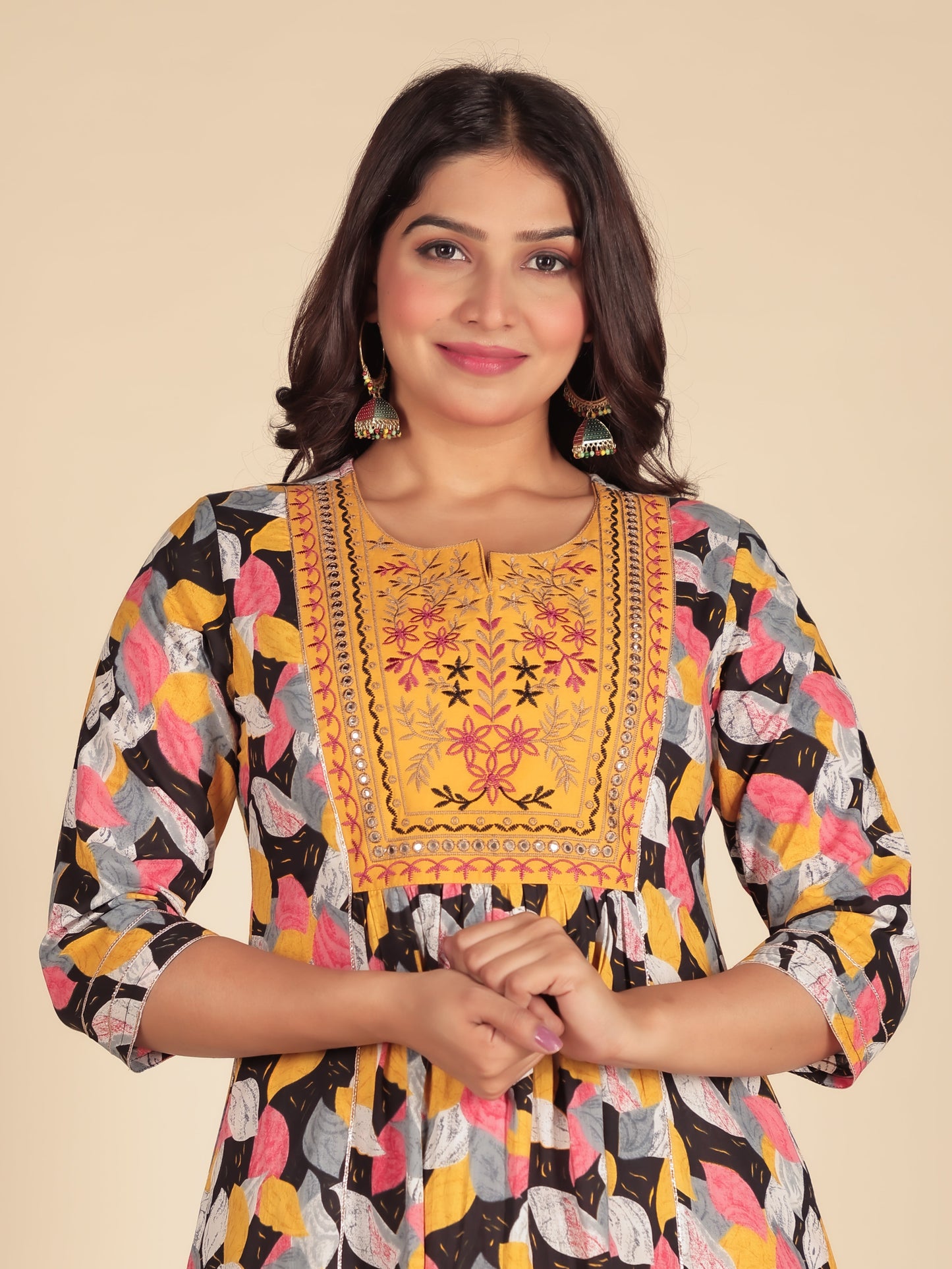 Embroidered Soft Cotton Floral Panelled Black Kurta