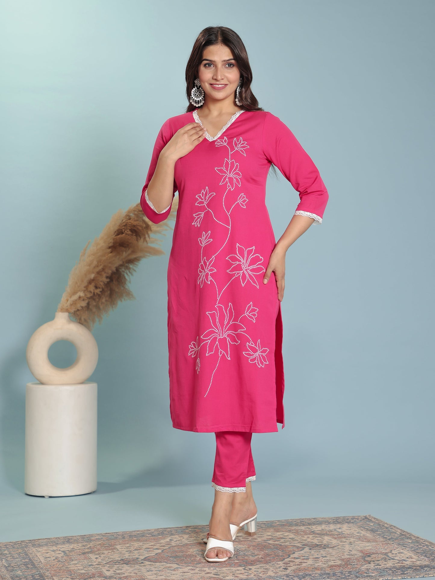 Linen Cotton Solid Straight Pink Kurta