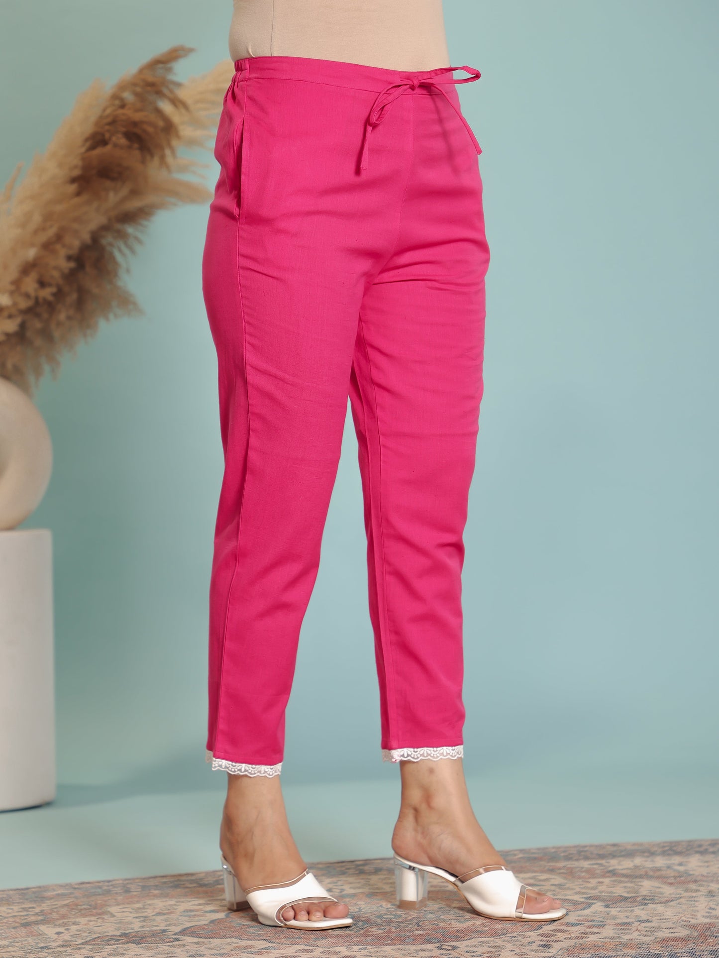 Linen Cotton Solid Straight Pink Kurta