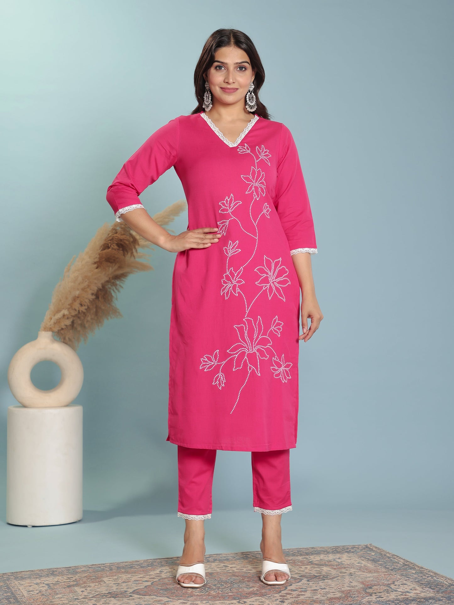 Linen Cotton Solid Straight Pink Kurta