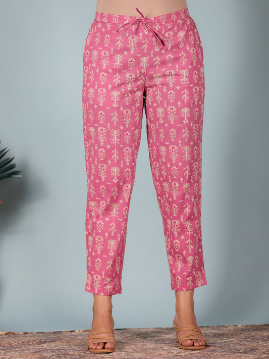 Soft Cotton Floral Pink Tapered Trousers