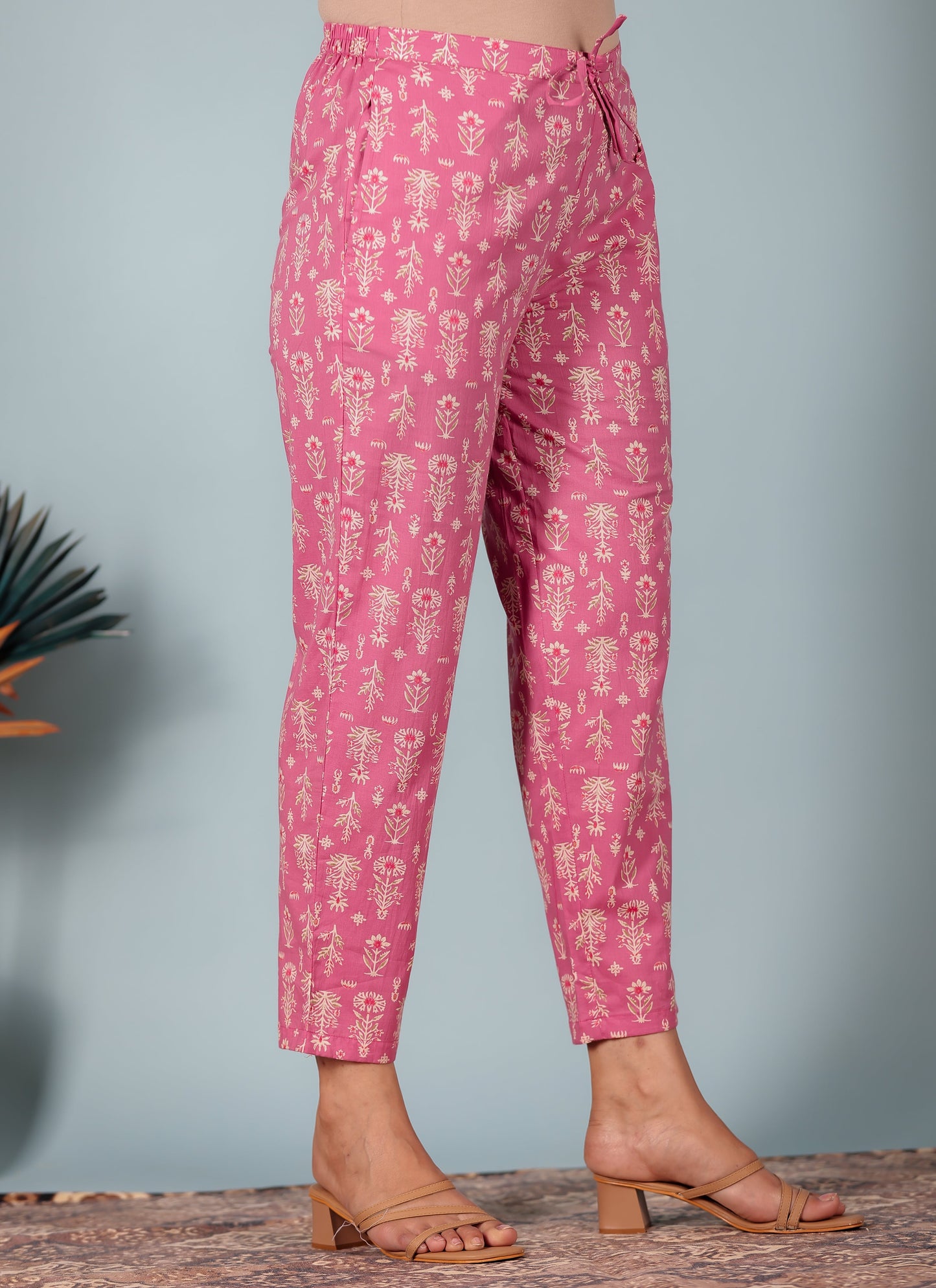 Soft Cotton Floral Pink Tapered Trousers