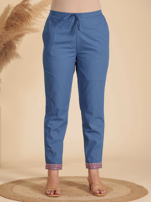 Soft Cotton Solid Blue Tapered Trousers