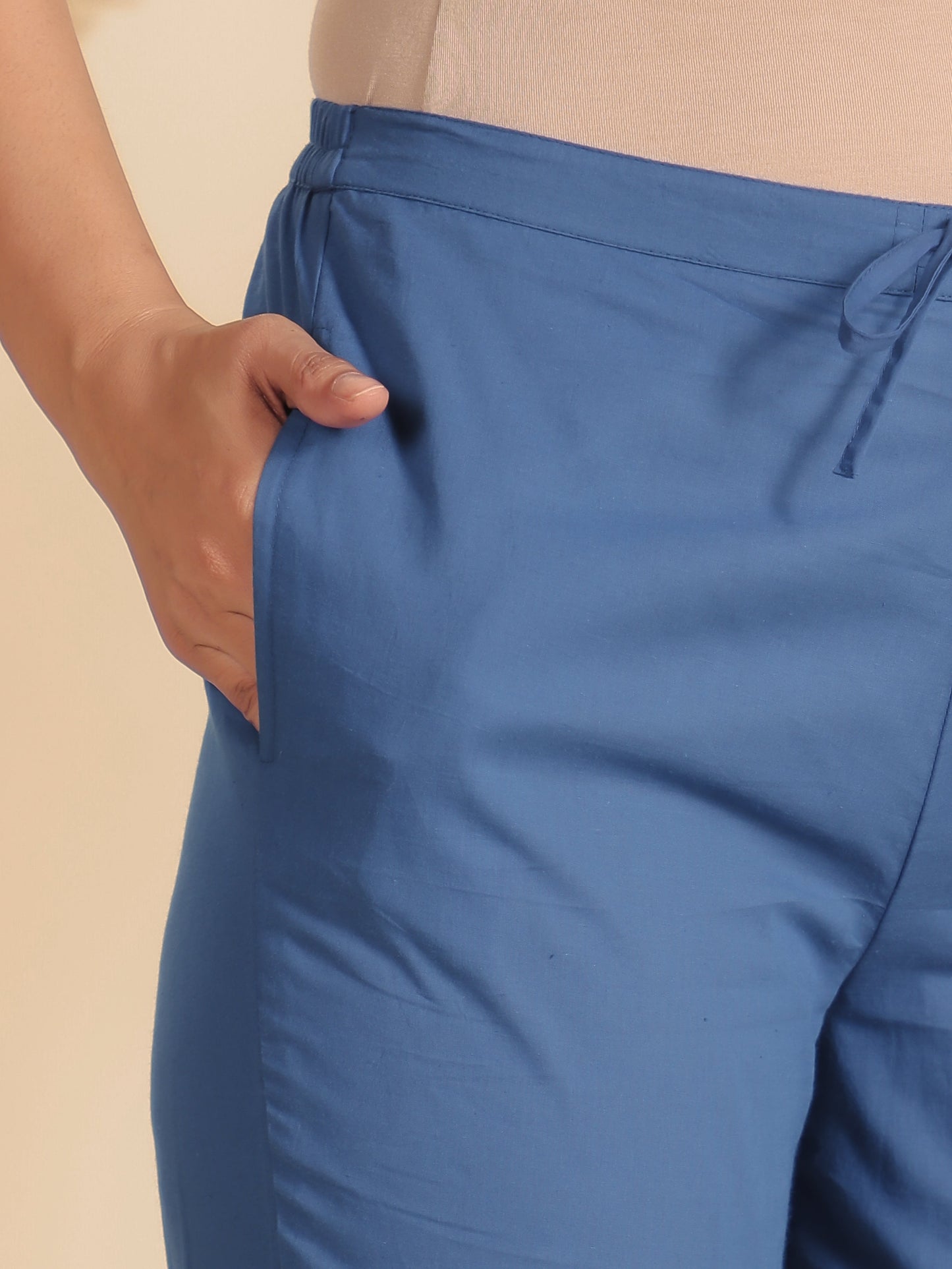 Soft Cotton Solid Blue Tapered Trousers