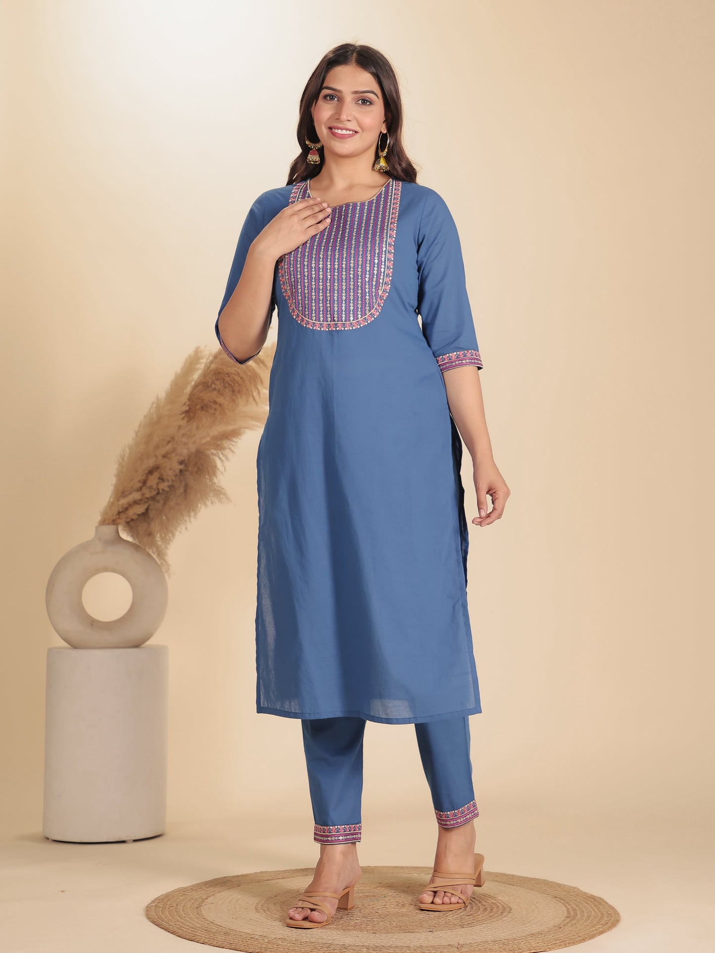 Soft Cotton Solid Straight Blue Kurta