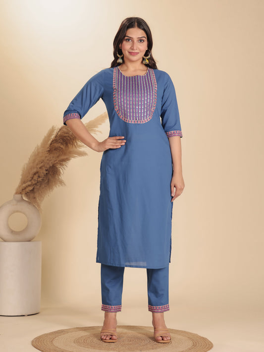 Soft Cotton Solid Straight Blue Kurta