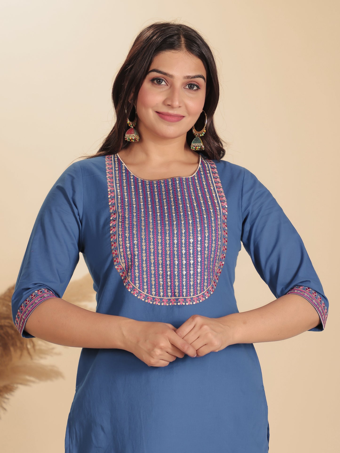 Soft Cotton Solid Straight Blue Kurta
