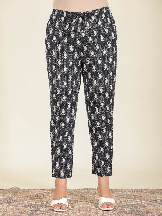 Kantha Cotton Floral Black Tapered Trousers