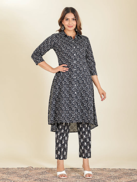 Kantha Cotton Floral High Low Black Kurta