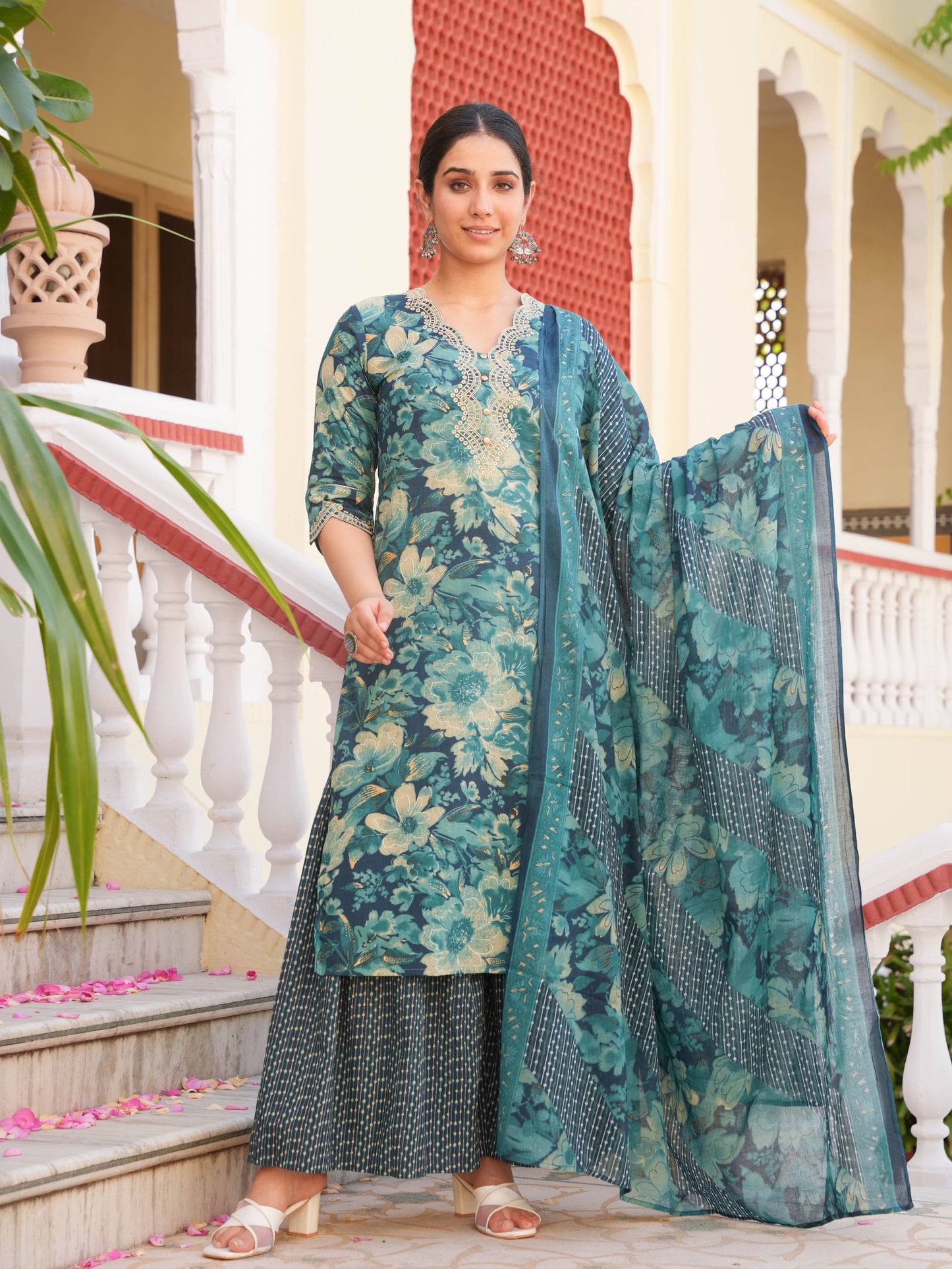 Cotton Voile Patchwork Teal Dupatta