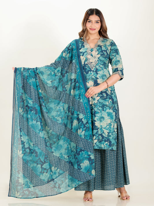 Cotton Voile Patchwork Teal Dupatta