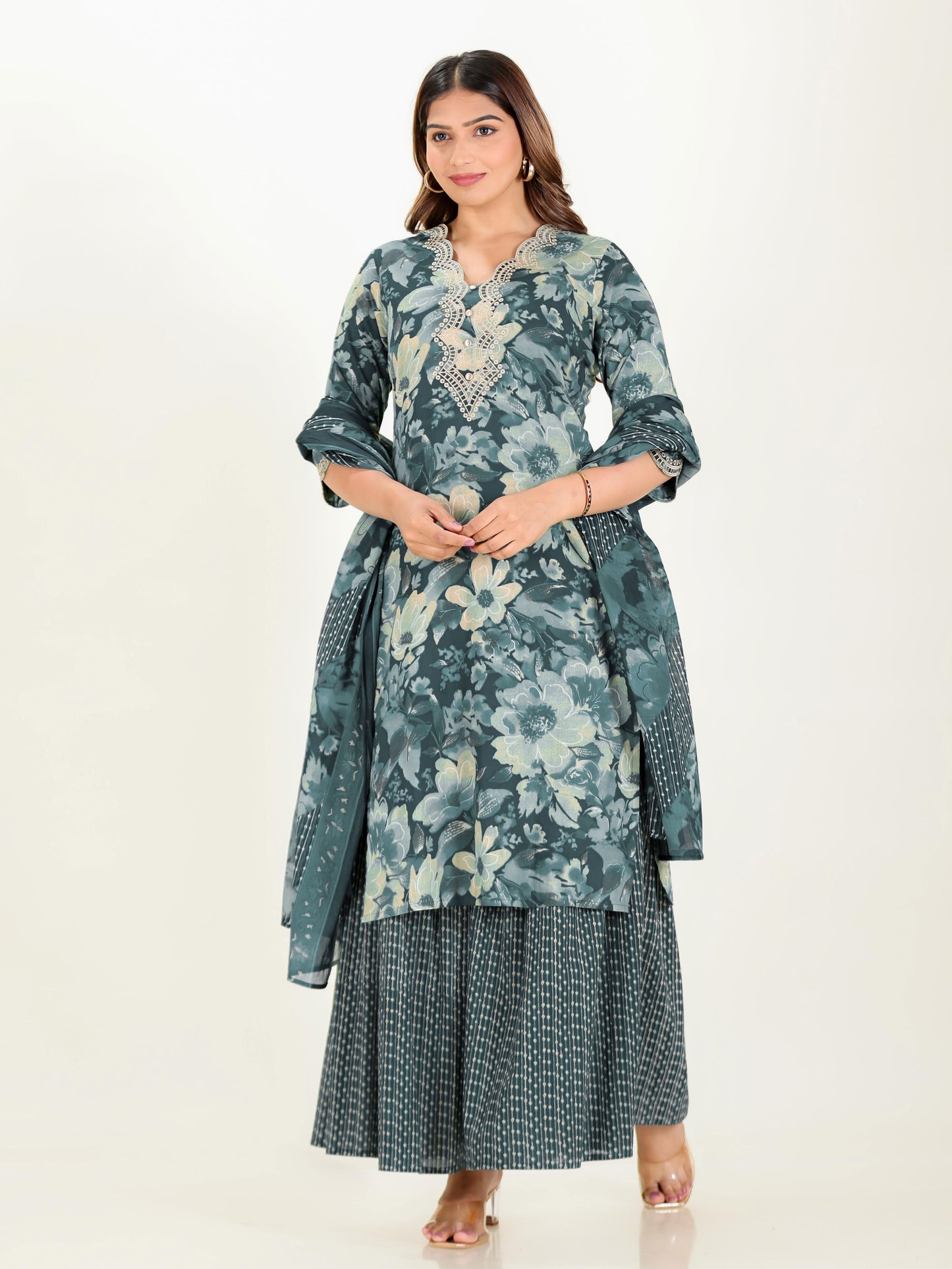 Embroidered Soft Cotton Floral Straight Teal Kurta