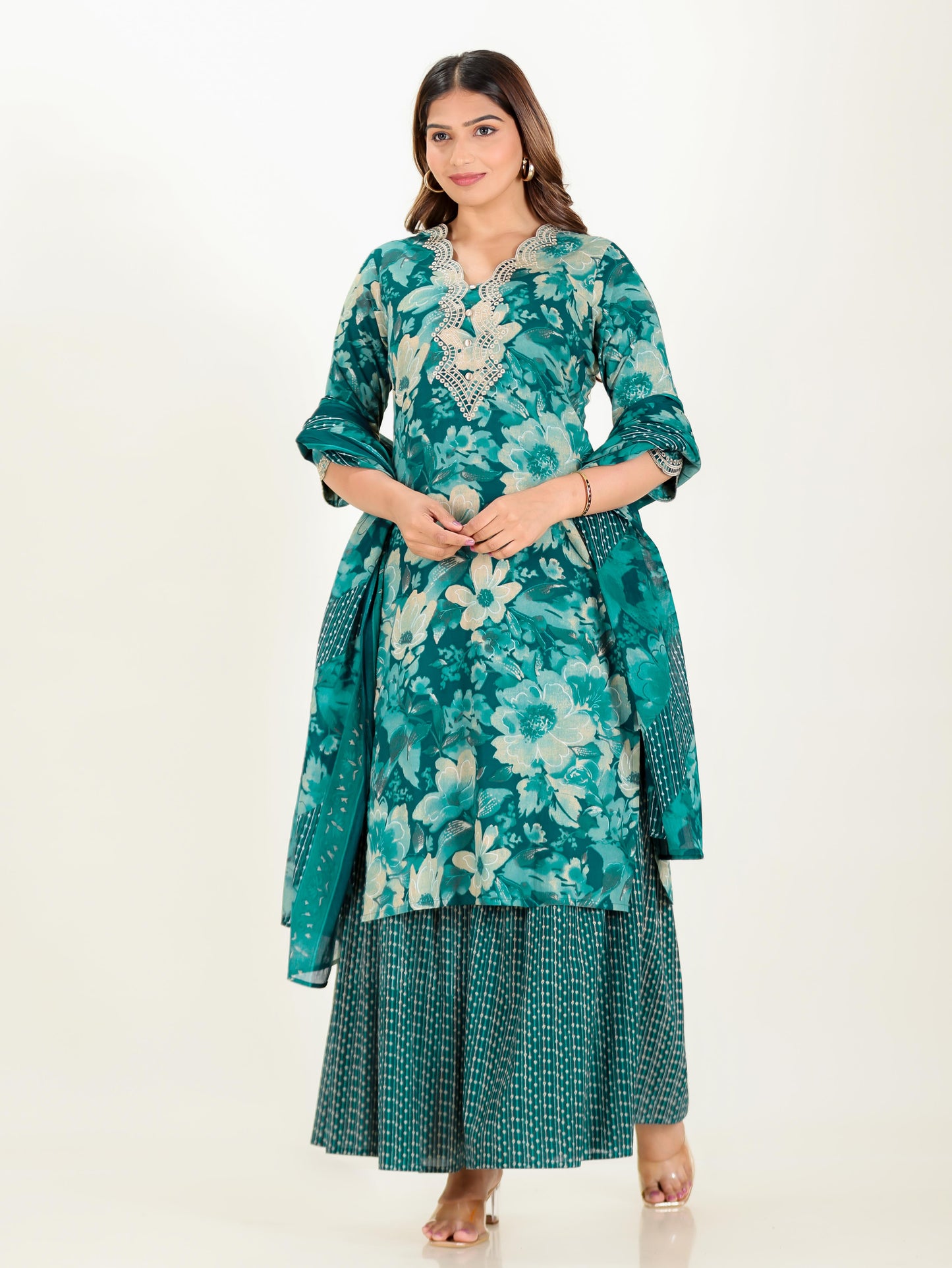 Embroidered Soft Cotton Floral Straight Teal Kurta