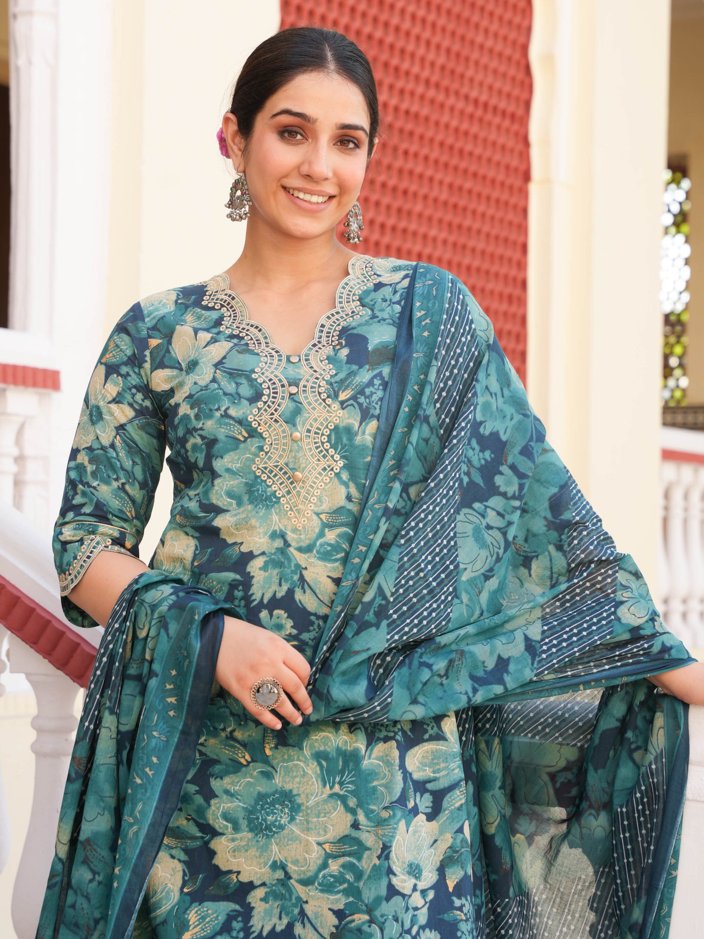 Embroidered Soft Cotton Floral Straight Teal Kurta