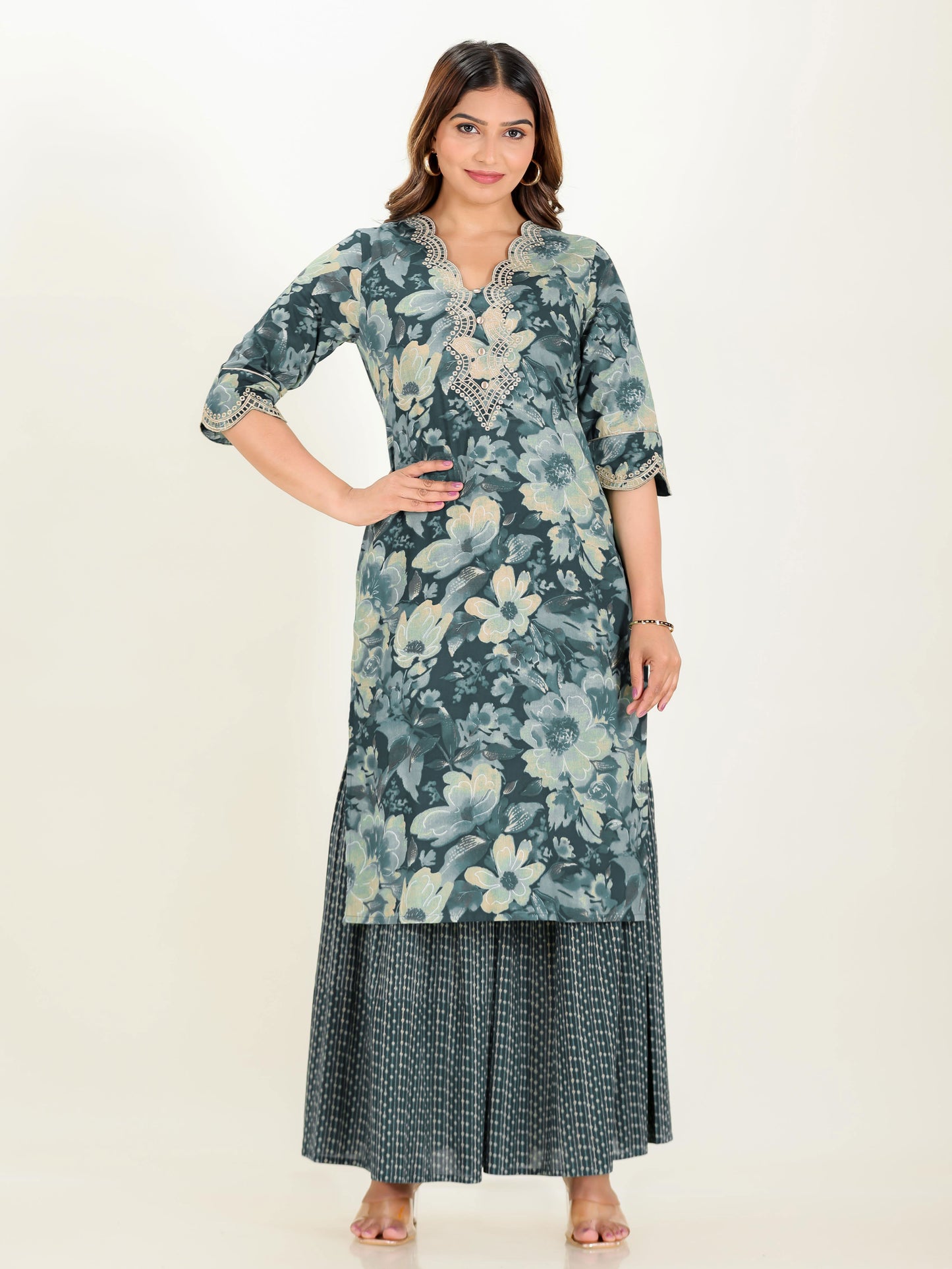Embroidered Soft Cotton Floral Straight Teal Kurta