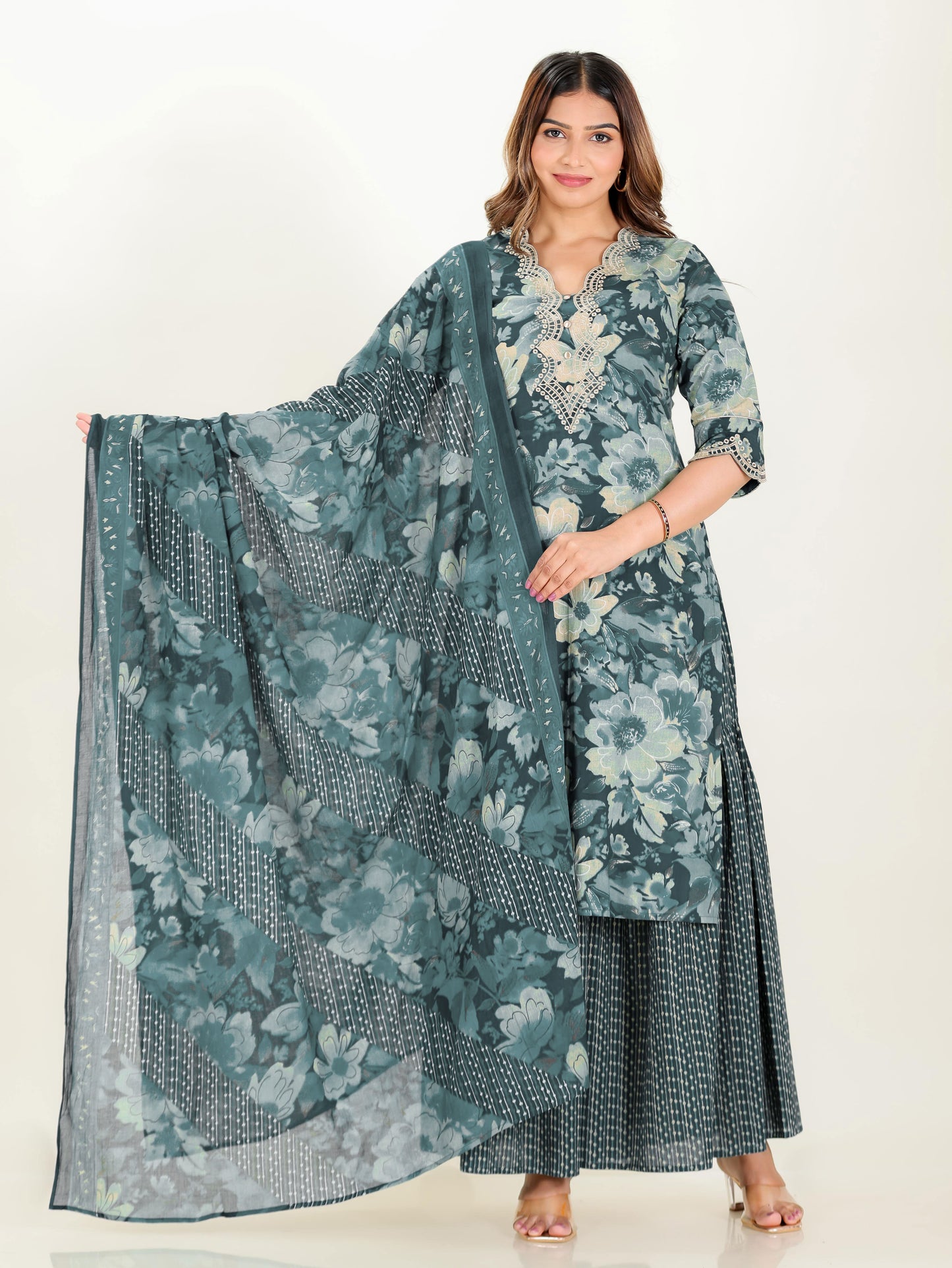 Embroidered Soft Cotton Floral Straight Teal Kurta