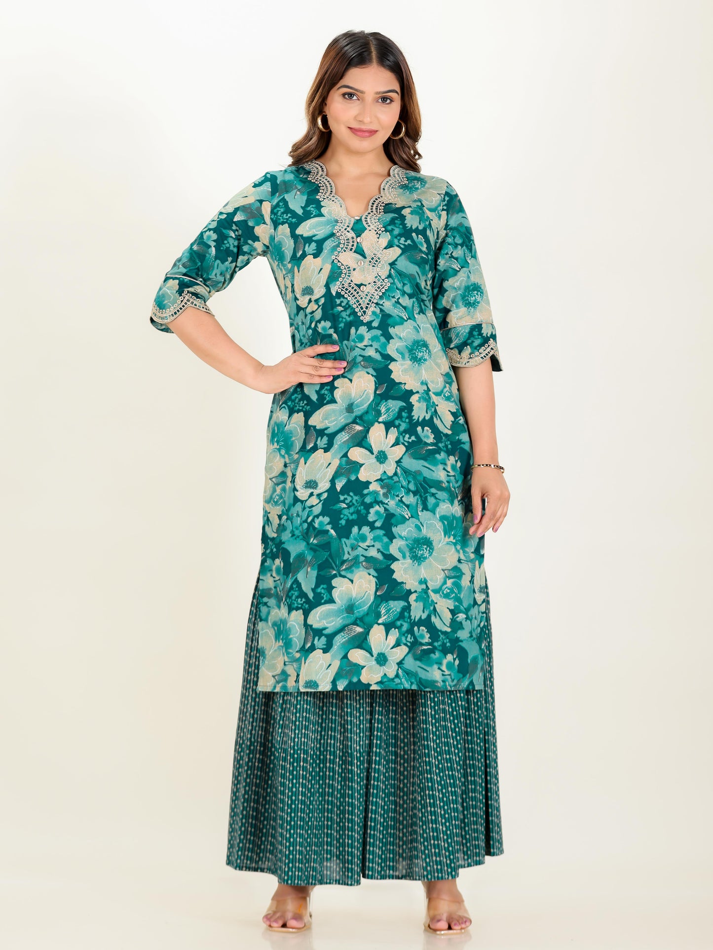 Embroidered Soft Cotton Floral Straight Teal Kurta